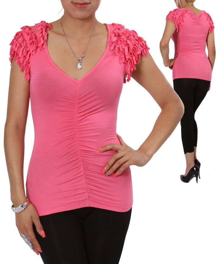 BUBBLEGUM PINK V Neck Shirt FRINGE Shoulder Top STRETCH Blouse SEAM 