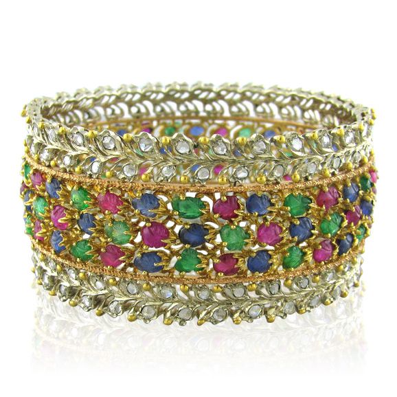 BUCCELLATI 18K GOLD CARVED EMERALD SAPPHIRE RUBY DIAMOND BANGLE 