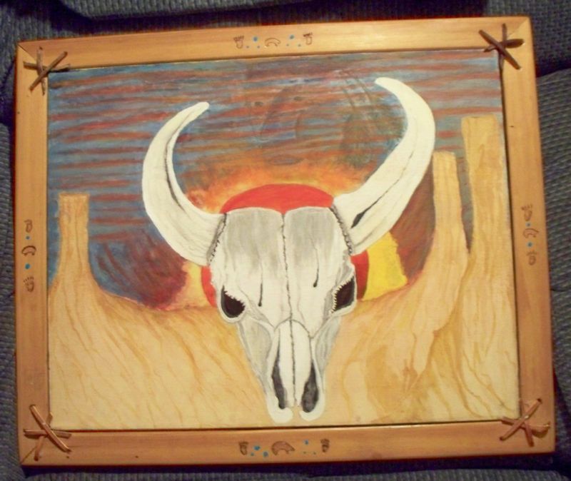 Original Southwest Steer Buffalo Skull Folk Art Acrylic Painting 