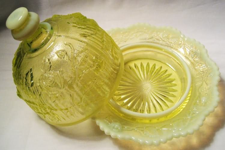   Uranium Opalescent Glass Rose Butter Dish Marked Imperial