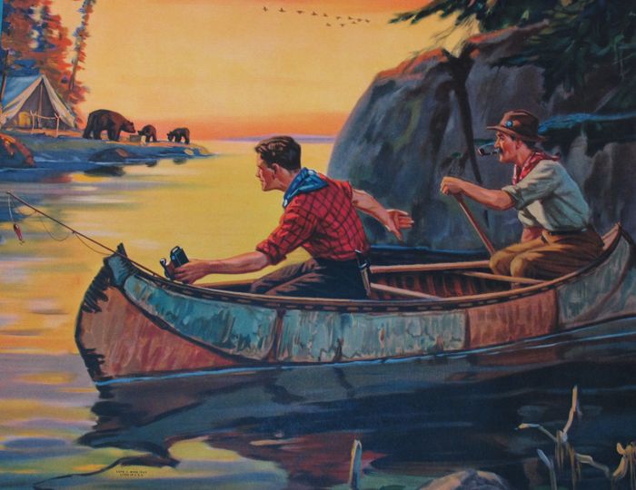   1943 Americana Cabin Art Family of Bears Explore Canoeing Scene