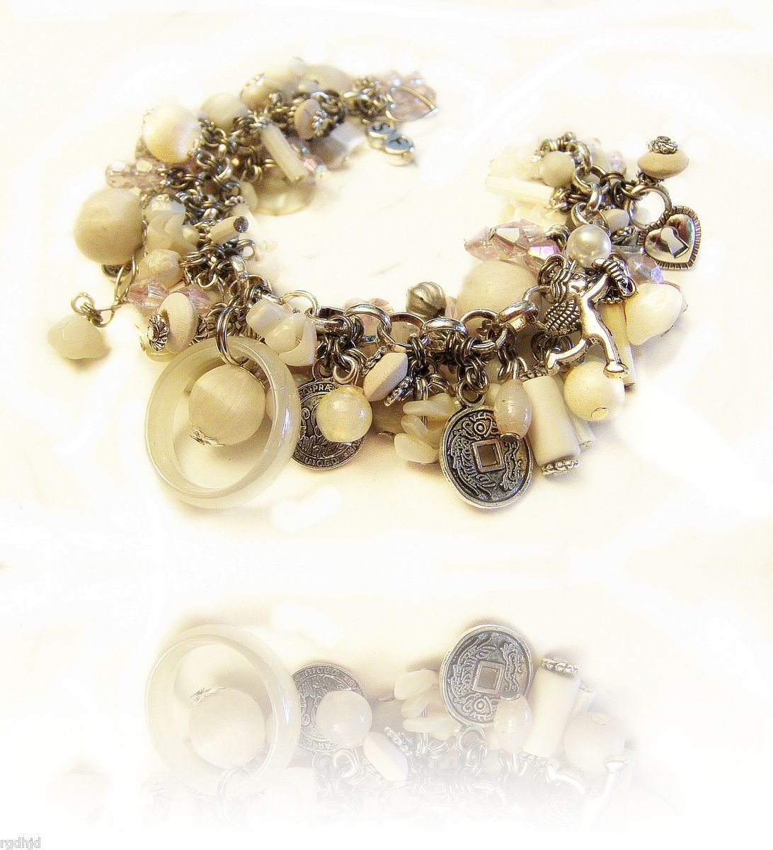 VINTAGE Bead WHITE Silver CHARM Bracelet OOAK Murano GLASS Ring MILK 