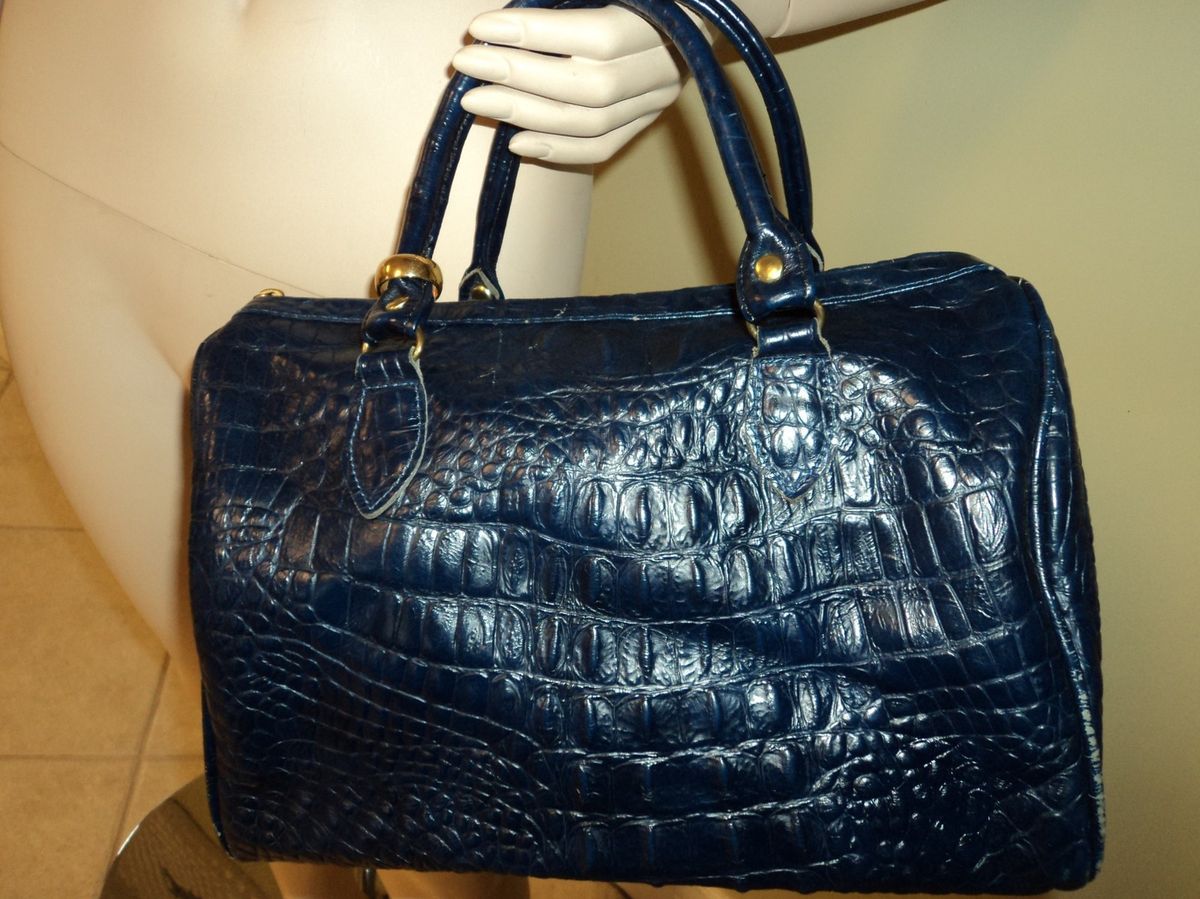 Cappelli Navy Reptile Snake Lizard Crocodile Print Leather Tote 