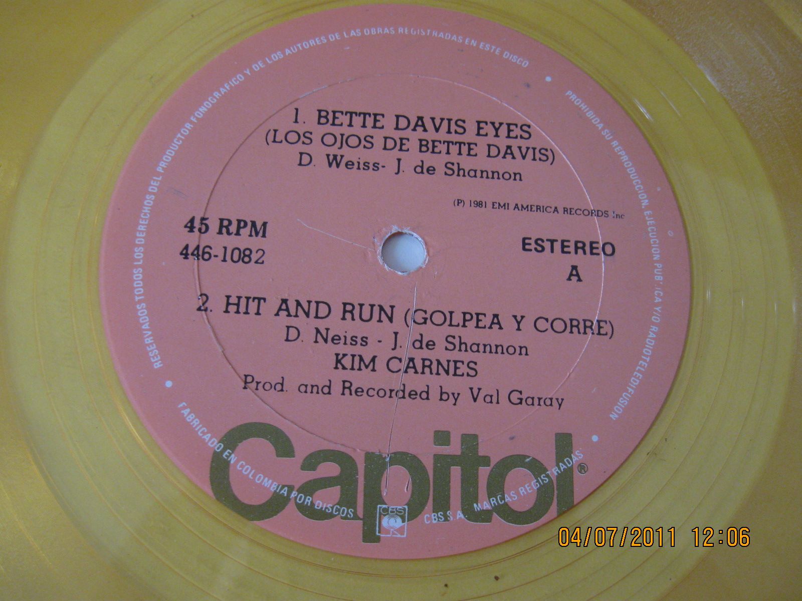 KIM CARNES LP COLOR YELLOW PRESS COLOMBIA 1981