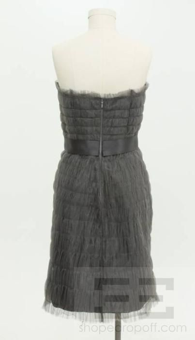 Carolina Herrera Grey Tulle Overlay Ribbon Waist Strapless Dress Size 
