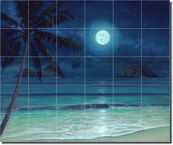 Deir Tropical Moon Seascape Art Ceramic Tile Mural