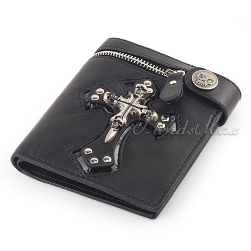   Cross Leather Wallet Purse Zip Badge Bifold Coin Cash Pocket