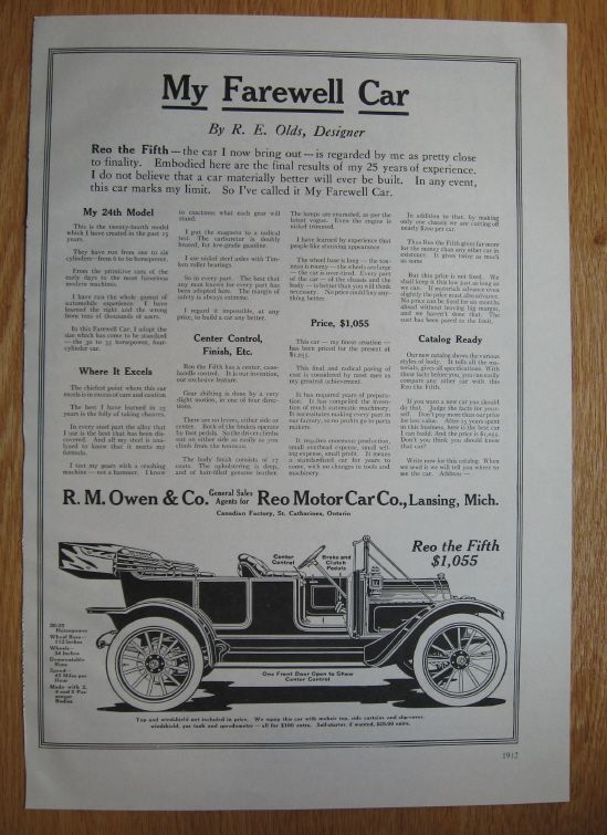 REO Motor Car Co 1912 Poster St Catharines Ontario