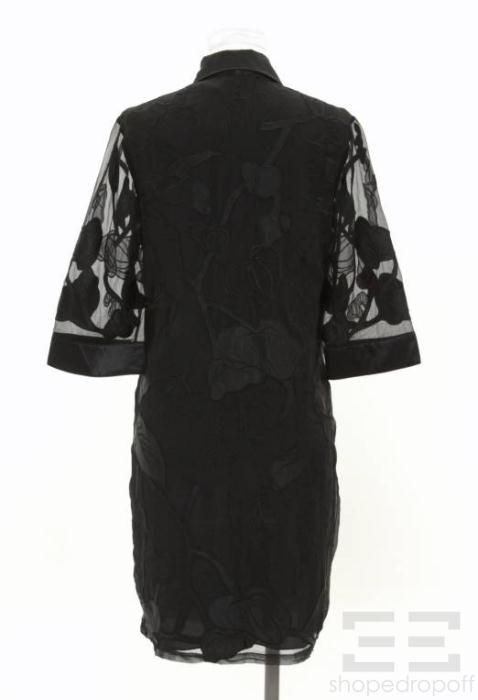 Catherine Malandrino Black Silk Chiffon Floral Embroidered Shirt Dress 