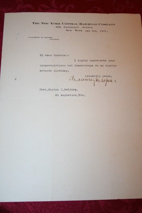 Rare Signed Letter   Chauncey Depew   Pres. New York Central Rairoad 