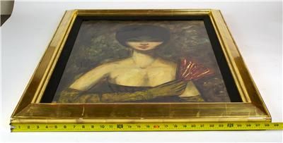 Charles Levier 1960s Oil Painting Portrait of Sexy Femme with Red Fan 