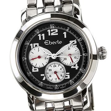 Eberle Mens SS Bracelet Black Silv Multifunction Watch