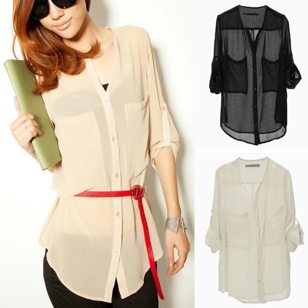   See Through Long Sleeve Chiffon Shirts Blouse Tops Summer