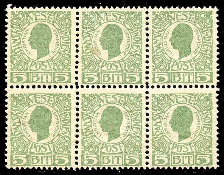 DWI   1905 King Christian IX   5 Bit   Block of 6. Scott #31