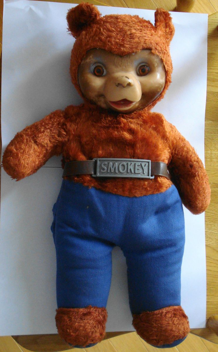 Vintage Smokey The Bear Rubber Faced Glass Eyes Ideal Co with Label