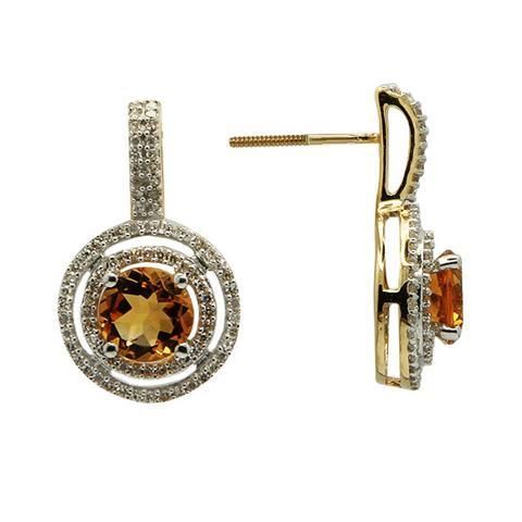 14k Yellow Gold Pave Diamond Citrine Dangle Earrings