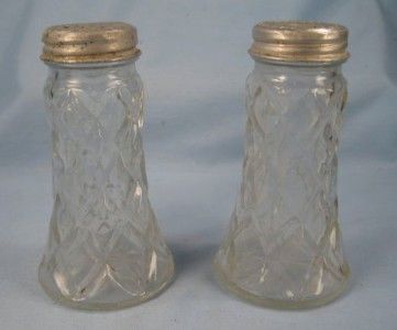 Vintage Diamond Clear Glass Salt & Pepper Shakers Metal Tops With