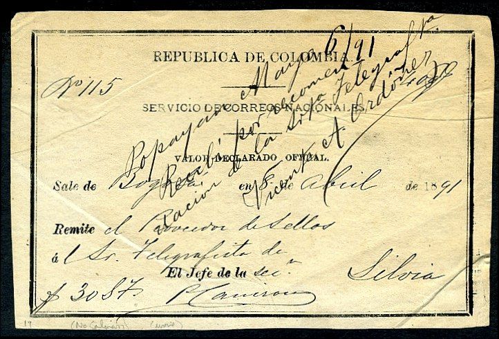 Colombia Official Cubierta 1891 Silvia Popoyán DCC19