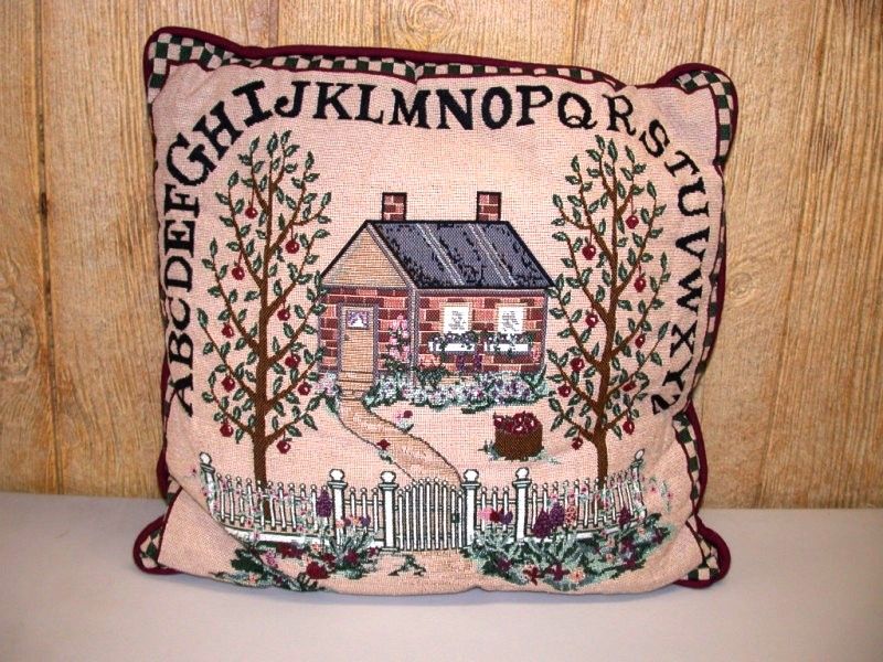 Stuffed Tapestry Pillow ~ Sampler Motif ~ Burgundy ~ 20 x 20