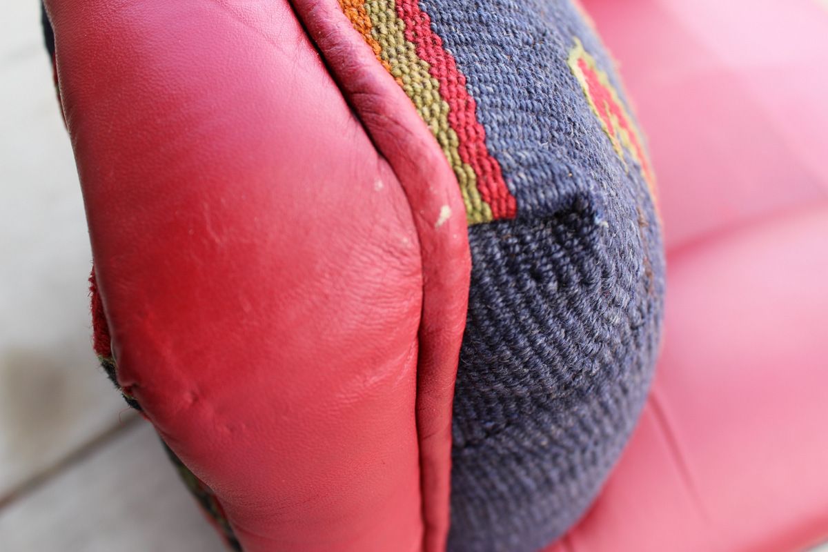 Set of 2 Club Sofa Chair Red Cherry Italian Leather Kilim Sold as Is