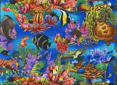 paradise coral reef fish turtles cotton quilt fabric image shows