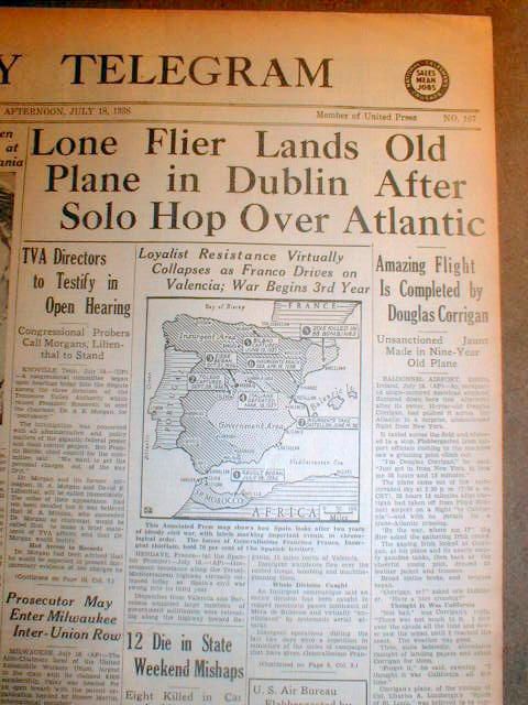 1938 Headline Newspaper Wrong Way Corrigan Flies from NY to Ireland by