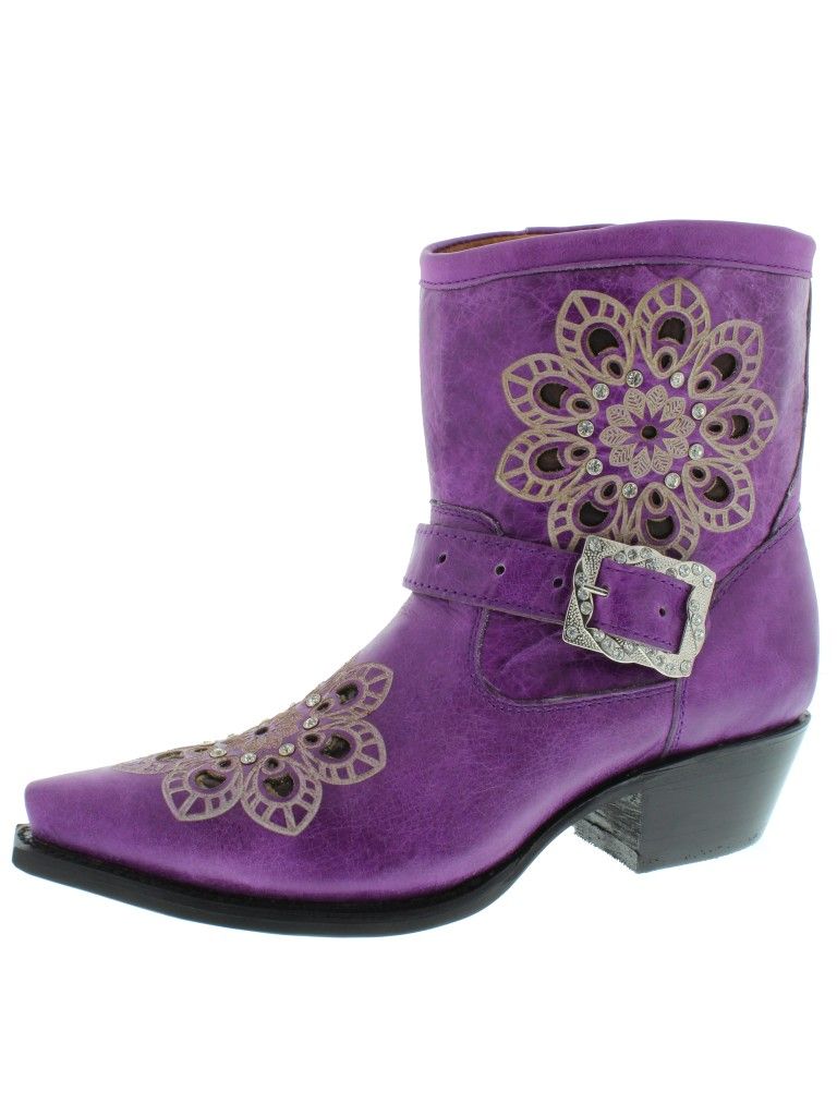 Womens Ladies Purple Short Leather Ankle Cowboy Boots Western Rodeo