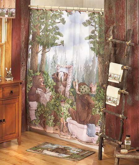  Country Bear Cabin Shower Curtain Bath Rugs Towels Dish
