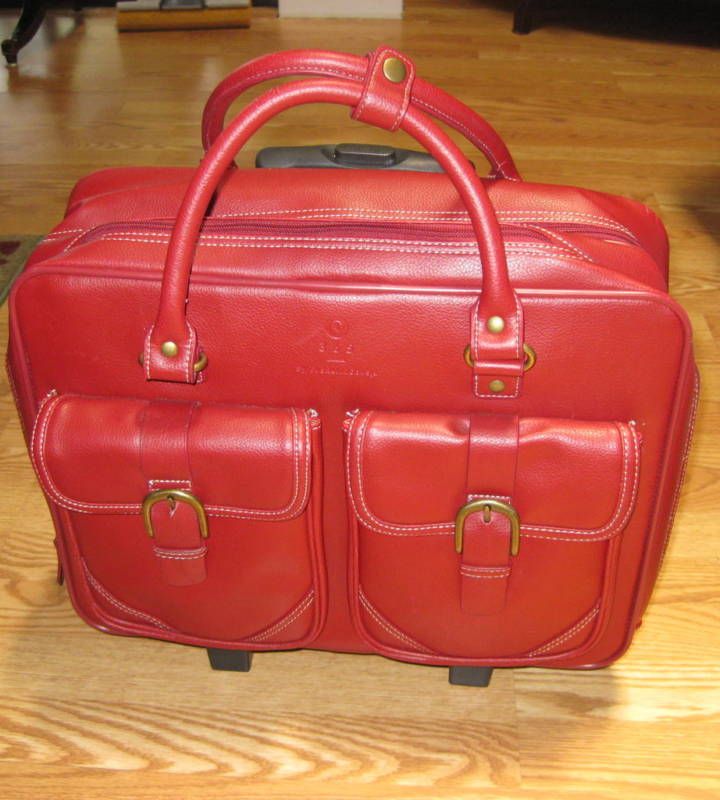 Franklin Covey Red Leather Rolling Tote Bag