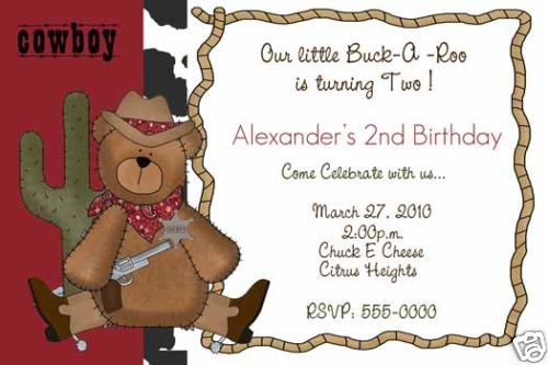Teddy Bear Cowboy Western Birthday Party Invitations
