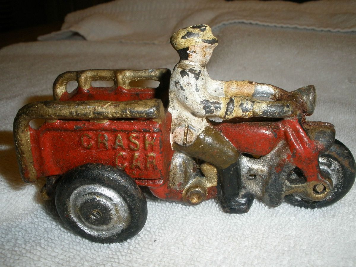 Cast Iron Crash Car Vintage 3 Wheel Motorcycle Toy Delivery Bike