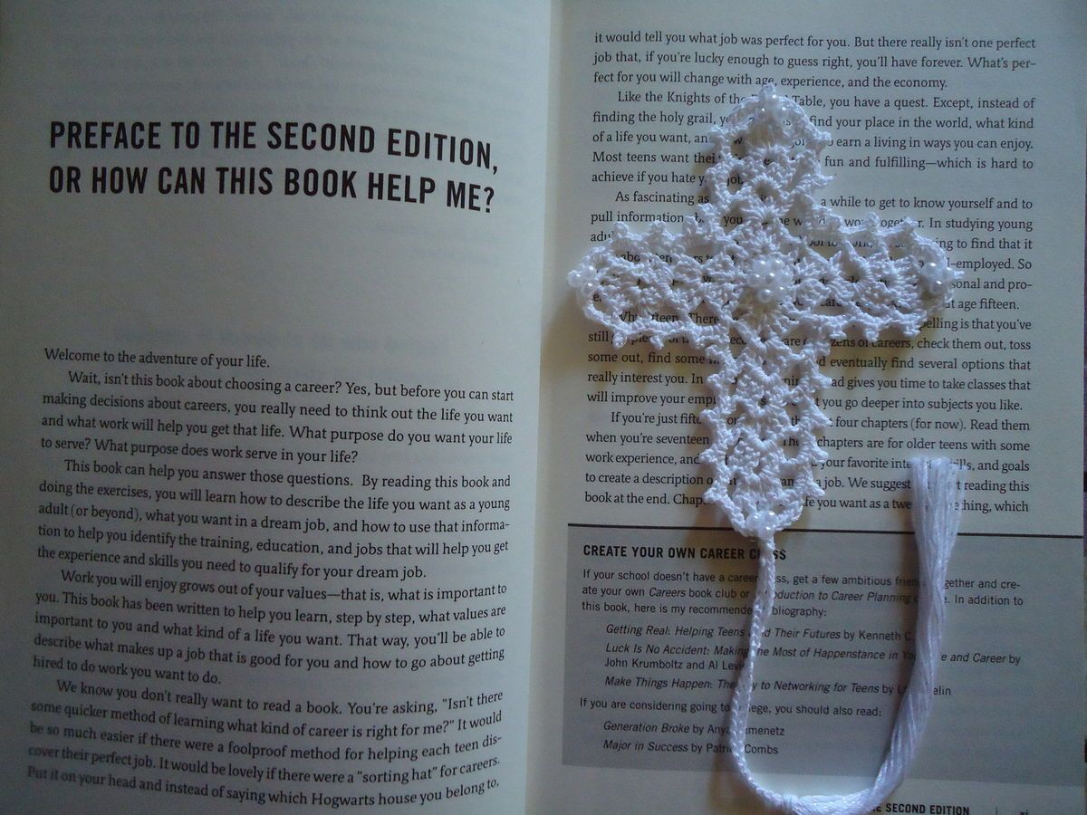  Day Gift New Handmade Crochet Bookmark Cross Beaded White Pearl Doily