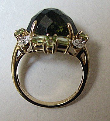 14k Y G Checkerboard Cut MOLDAVITE Peridot Ring Sz 9