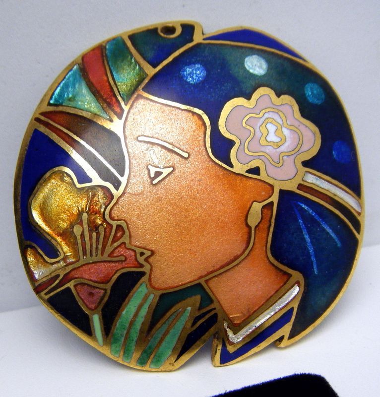 David Kuo Lady Nouveau Brooch Pendant Champleve Enamel