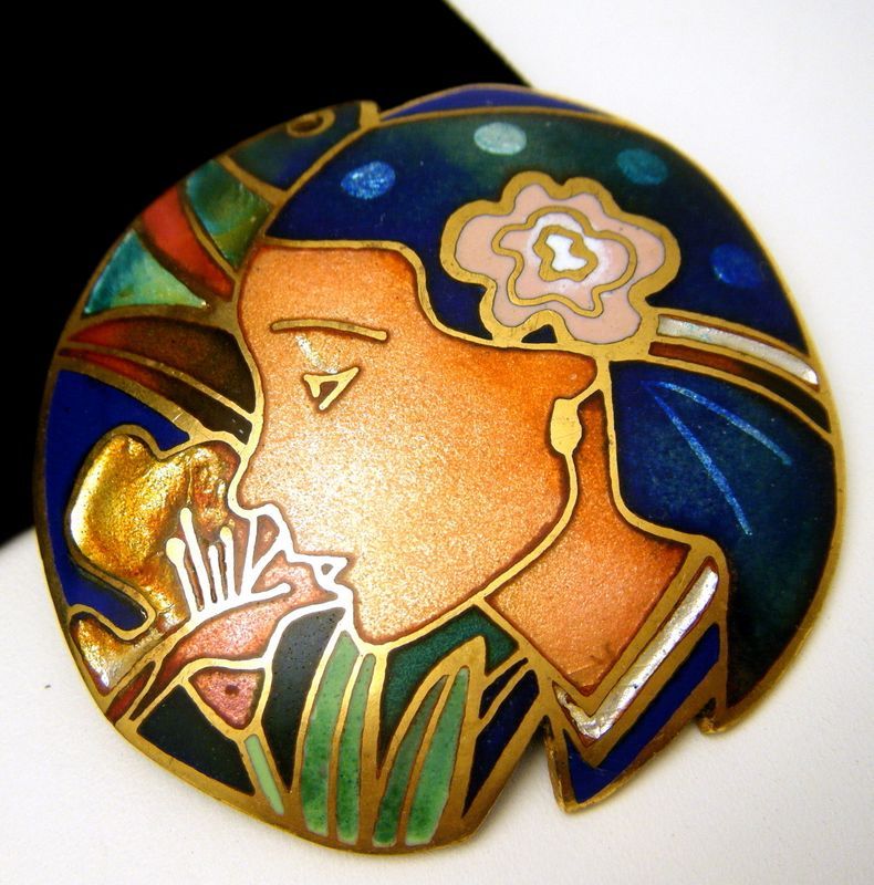 David Kuo Lady Nouveau Brooch Pendant Champleve Enamel