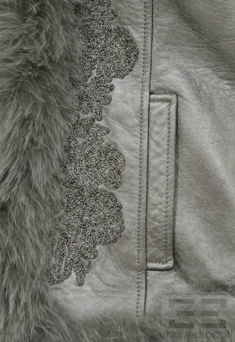Dana Buchman Metallic Silver Leather & Fox Fur Trim Embroidered Vest