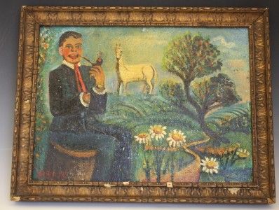 C1940s Fantasy Dream Painting by David Burliuk Man in A Dreamscape No