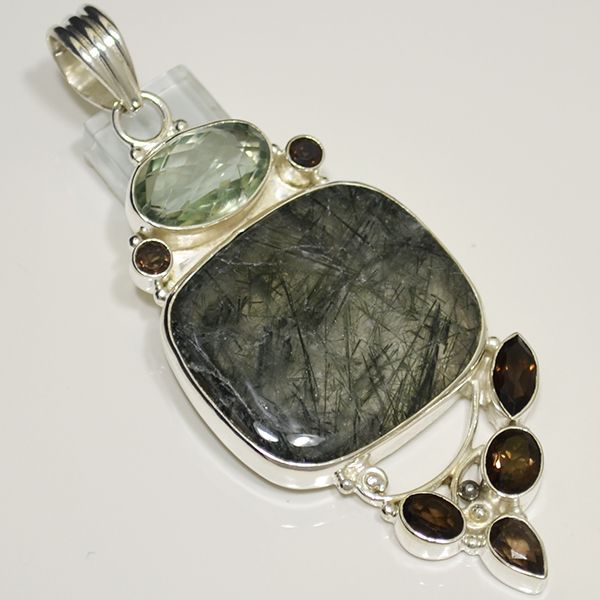 Pleasing Cut Black Rutilated Quartz Green Amethyst 925 Silver Pendant