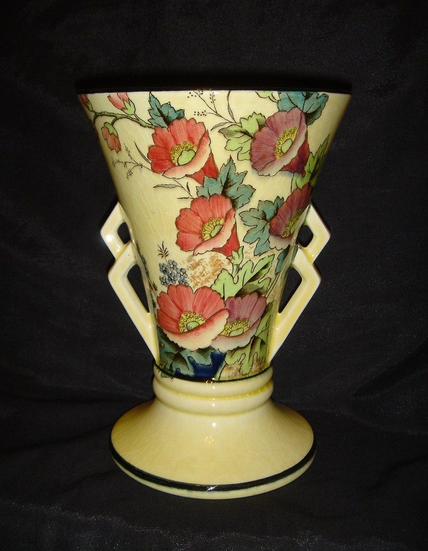 BEAUTIFUL ART DECO HANDPAINTED COLOURFUL TWIN HANDLED VASE TUSCAN