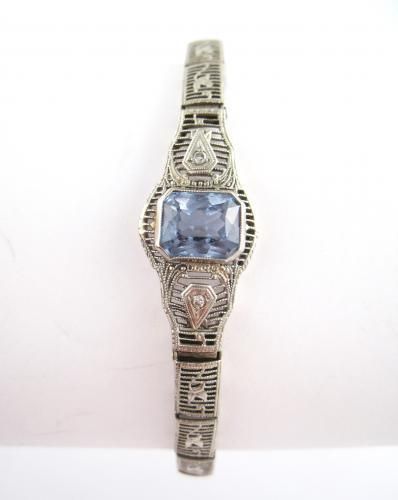 Vintage 1920s Art Deco White Gold Diamond Aquamarine Filigree Bracelet