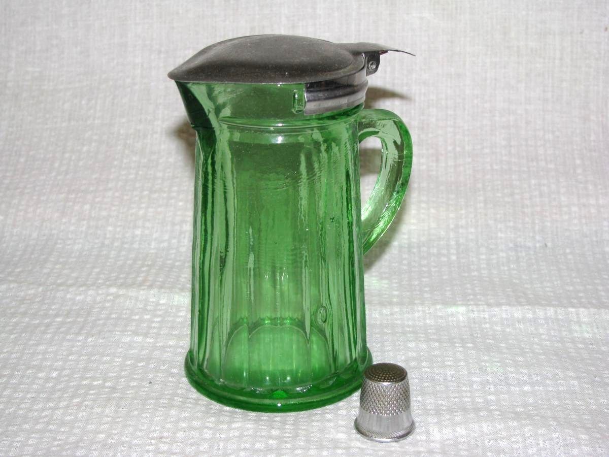 Depression Green Glass Syrup Pitcher with Thumb Tip Top