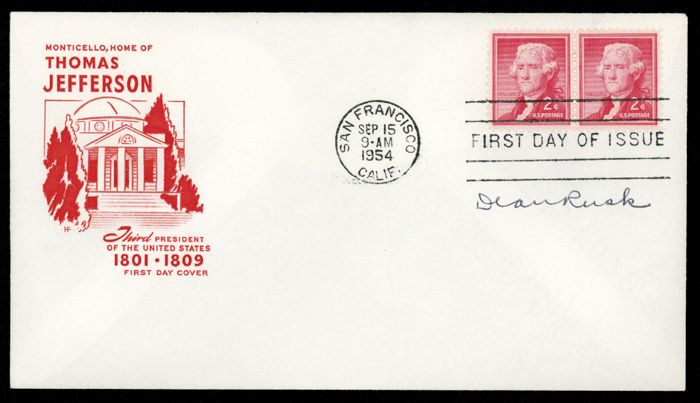1954 Jefferson FDC Signed by Sec of State Dean Rusk