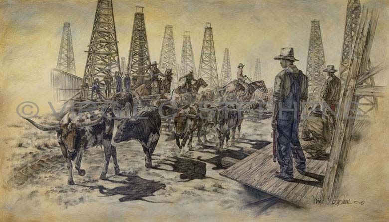 TEXAS OIL PAINTING OF THE OIL DERRICKS & LONGHORN CATTLE HISTORIC