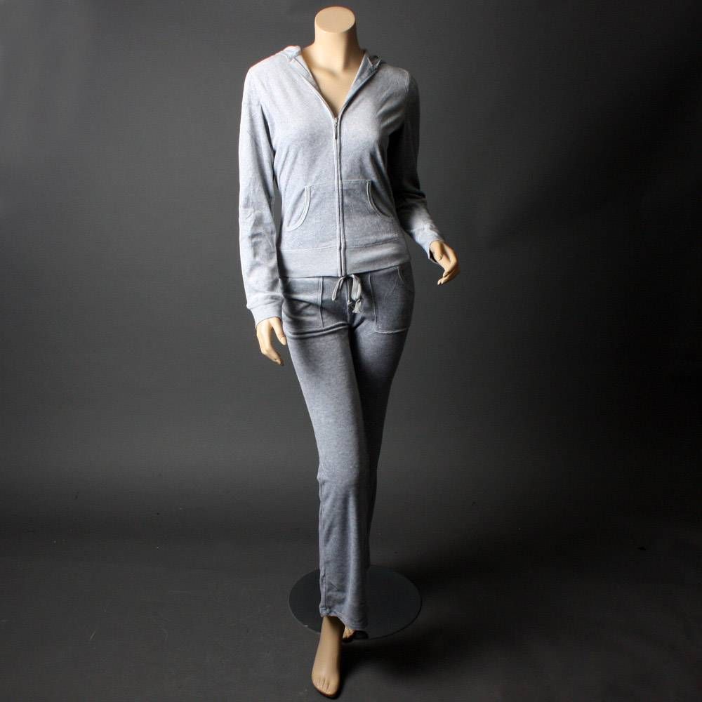 Gray Long Sleeve Velour Designer Woman Tracksuit Hoodie Jacket Pants