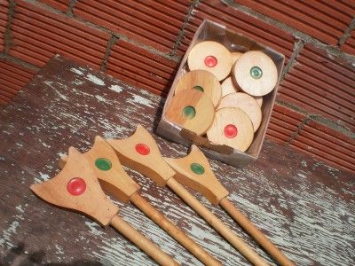 old vintage deck shuffleboard set w/ paddles discs pucks and canvas