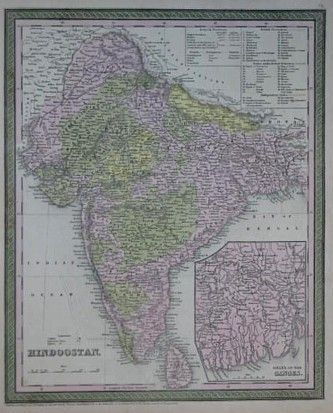 Original 1850 Map Hindoostan British India Delhi Bombay