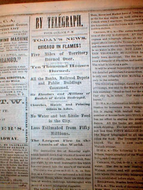  Headline Newspapers w Great Chicago Fire Long Detailed Reports