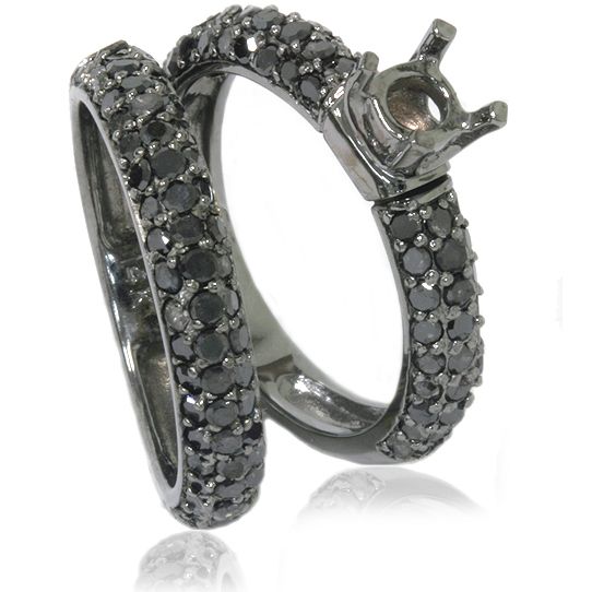 95CT Pave Black Diamond Engagement Semi Mount Ring Setting Set 14K