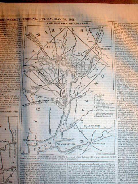 1861 Civil War Newspaper w Detailed Map Washington DC Maryland