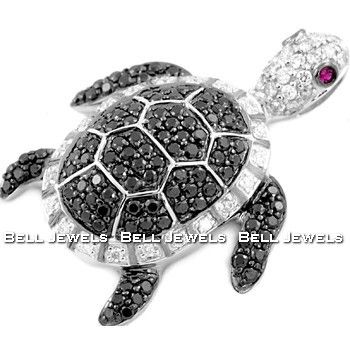 65CT FANCY BLACK DIAMOND TURTLE PENDANT NECKLACE 14k WHITE GOLD